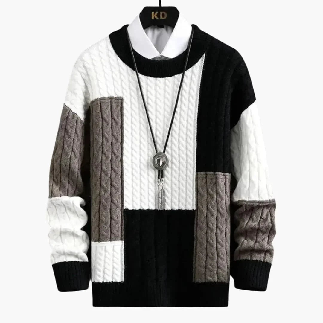 Men’s Sweater with Cable Knit and Patchwork Design - Lucian Brooks