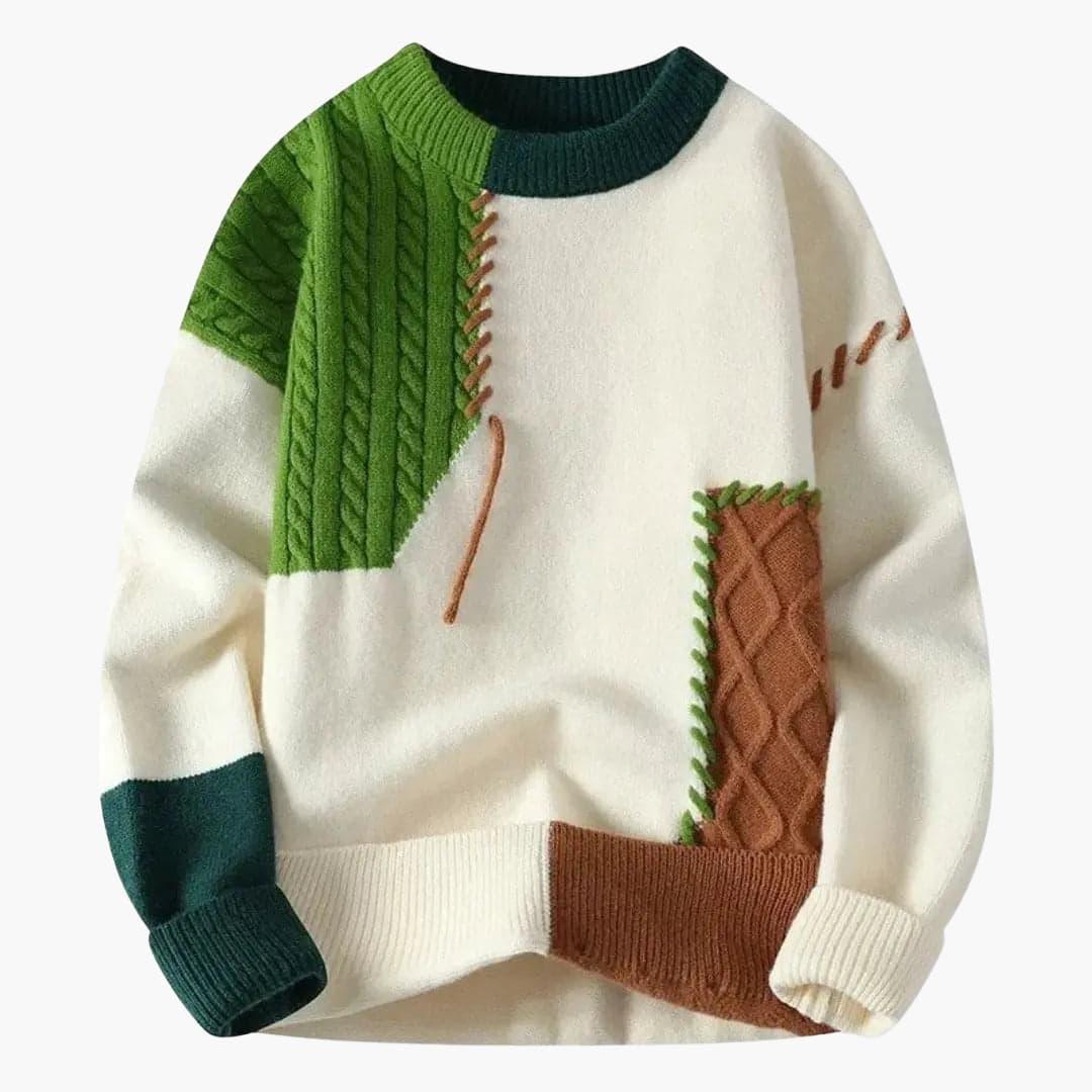 Men’s Sweater with Cable Knit and Patchwork Details - Lucian Brooks