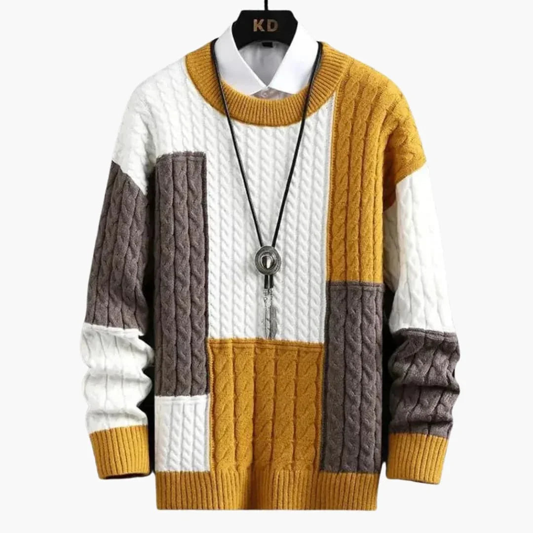 Men’s Sweater with Cable Knit and Patchwork Design - Lucian Brooks